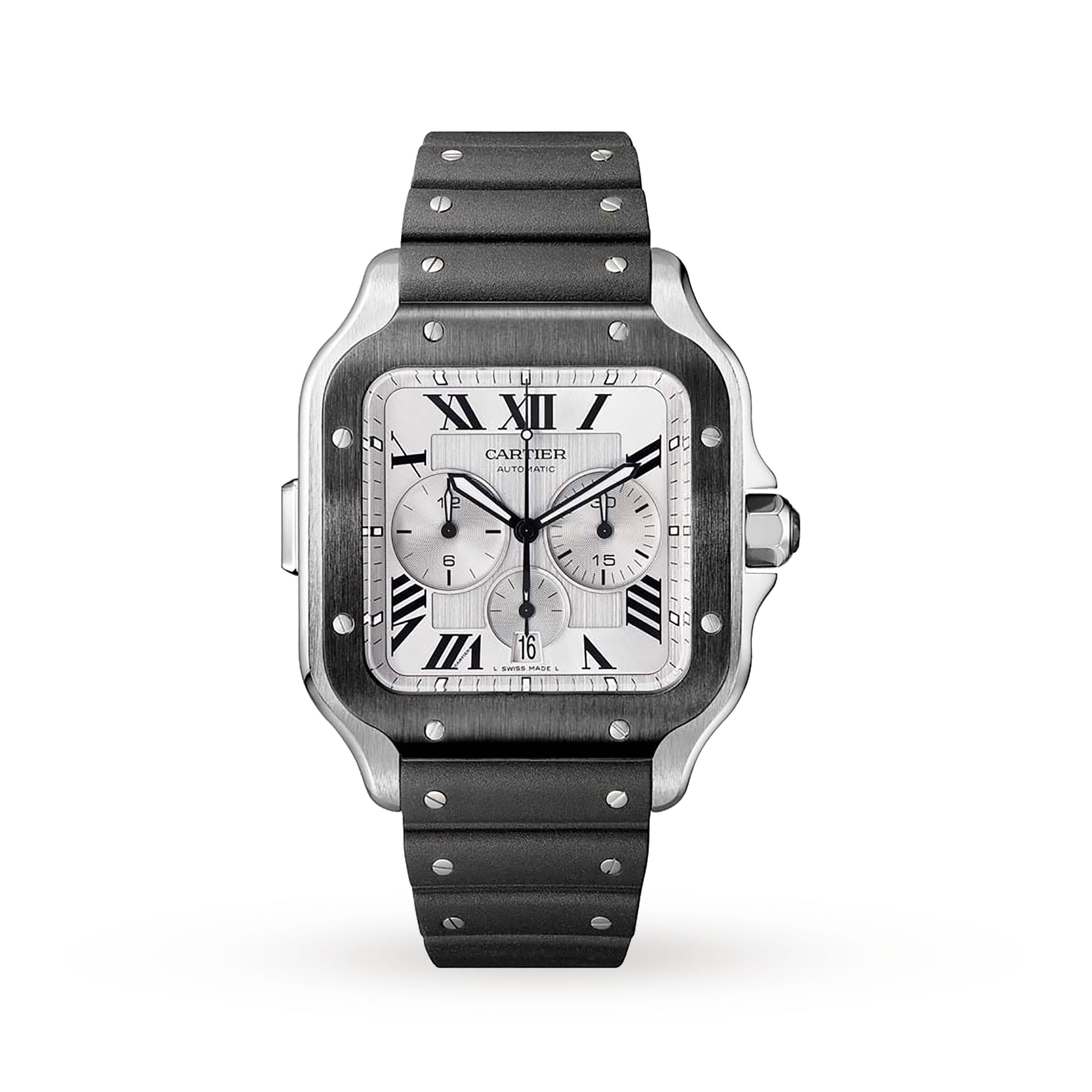 Santos De Cartier Watch Large Model, Automatic Movement, Steel, ADLC, Interchangeable Metal And Rubber Bracelets