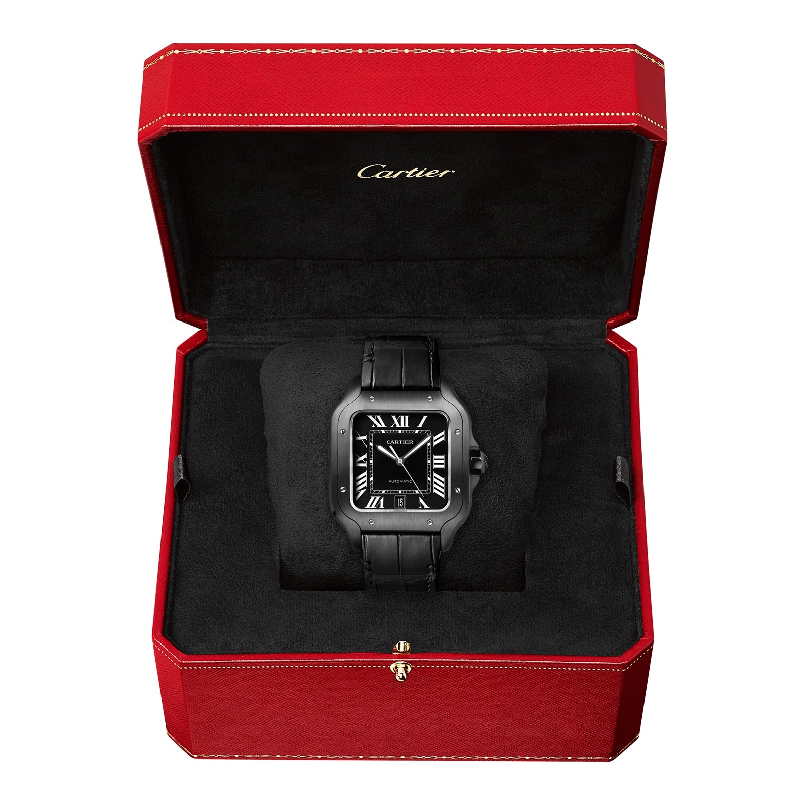 Santos De Cartier Watch Large Model, Automatic Movement, Steel, ADLC, Interchangeable Rubber And Leather Bracelets