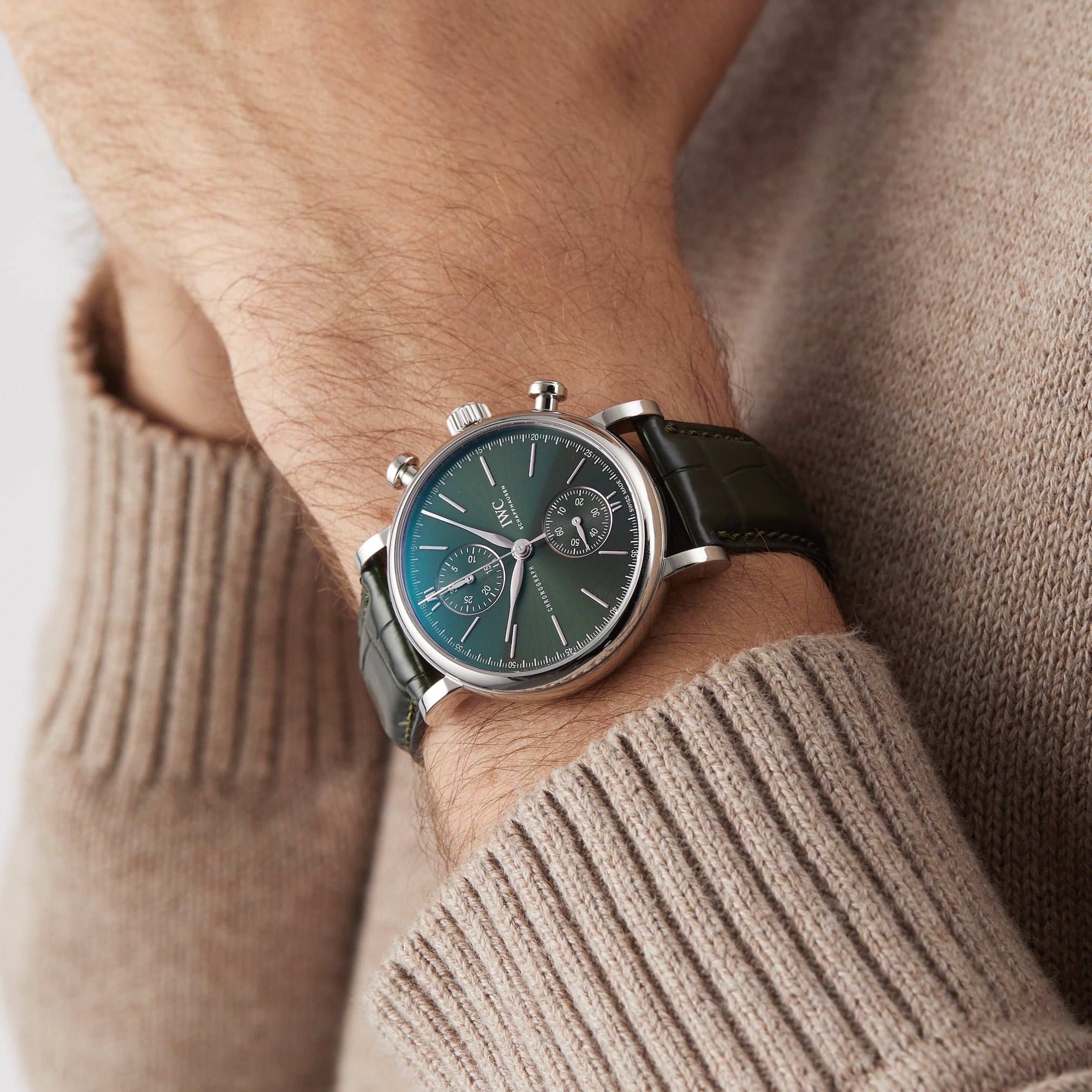 Portofino Chronograph Green Dial Leather Strap Men's Watch