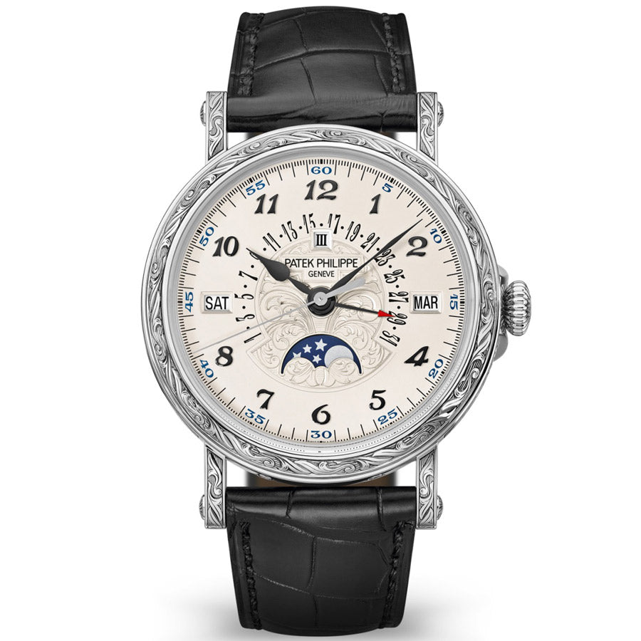 5160G Perpetual Calendar Retrograde in White Gold Black Alligator Strap with Opaline White Dial 5160/500G 001