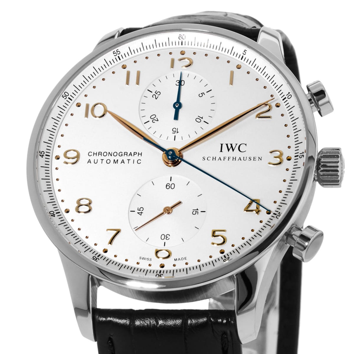 Portugieser Automatic Chronograph Silver Dial Gold Markers Leather Strap Men's Watch