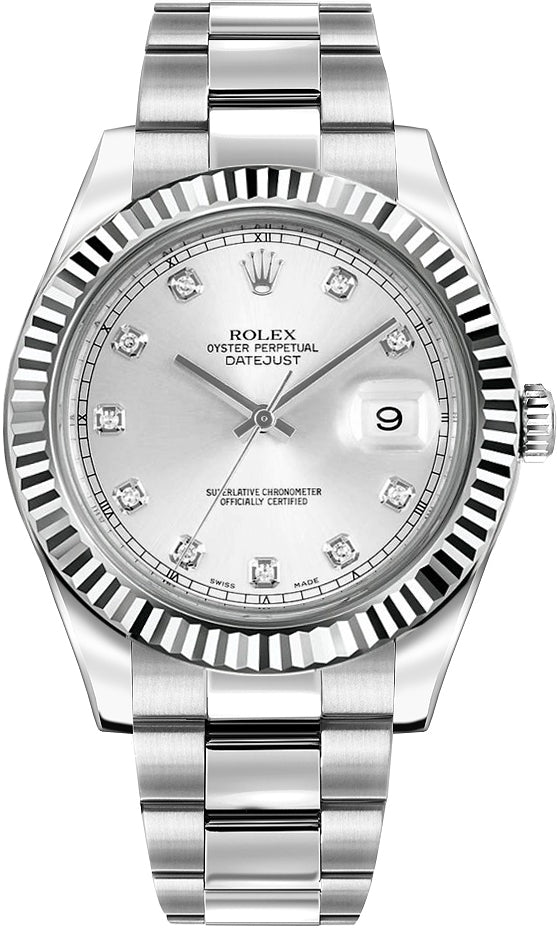 Datejust II 41 Silver Diamond Dial Fluted Bezel Men's Watch 116334-0007