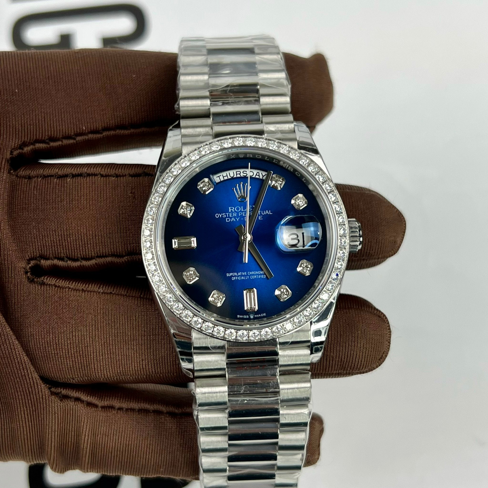 Rolex Day Date M128349RBR-0016 Stone Bezel 1:1 Best Edition EW Factory Blue Dial 36mm