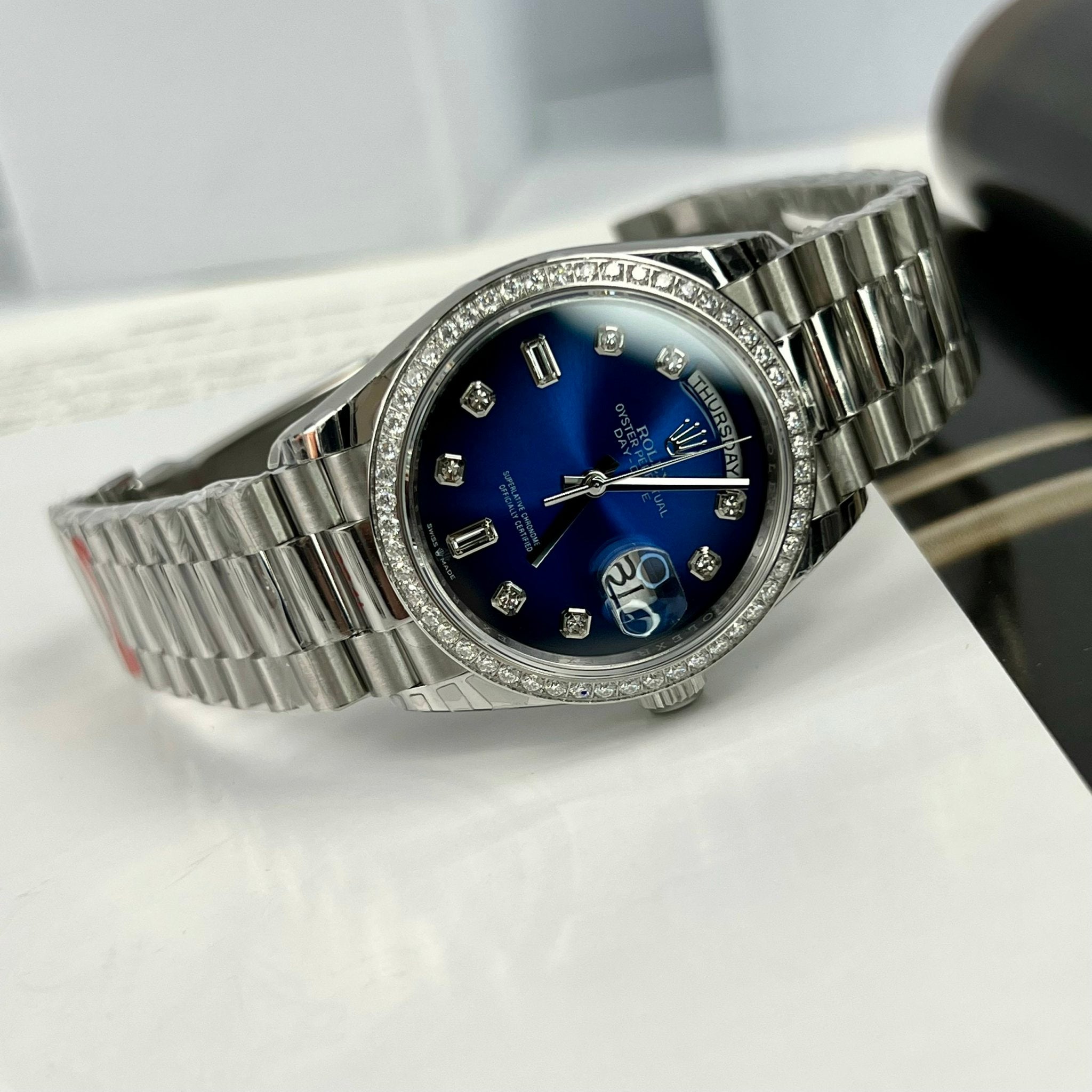 Rolex Day Date M128349RBR-0016 Stone Bezel 1:1 Best Edition EW Factory Blue Dial 36mm