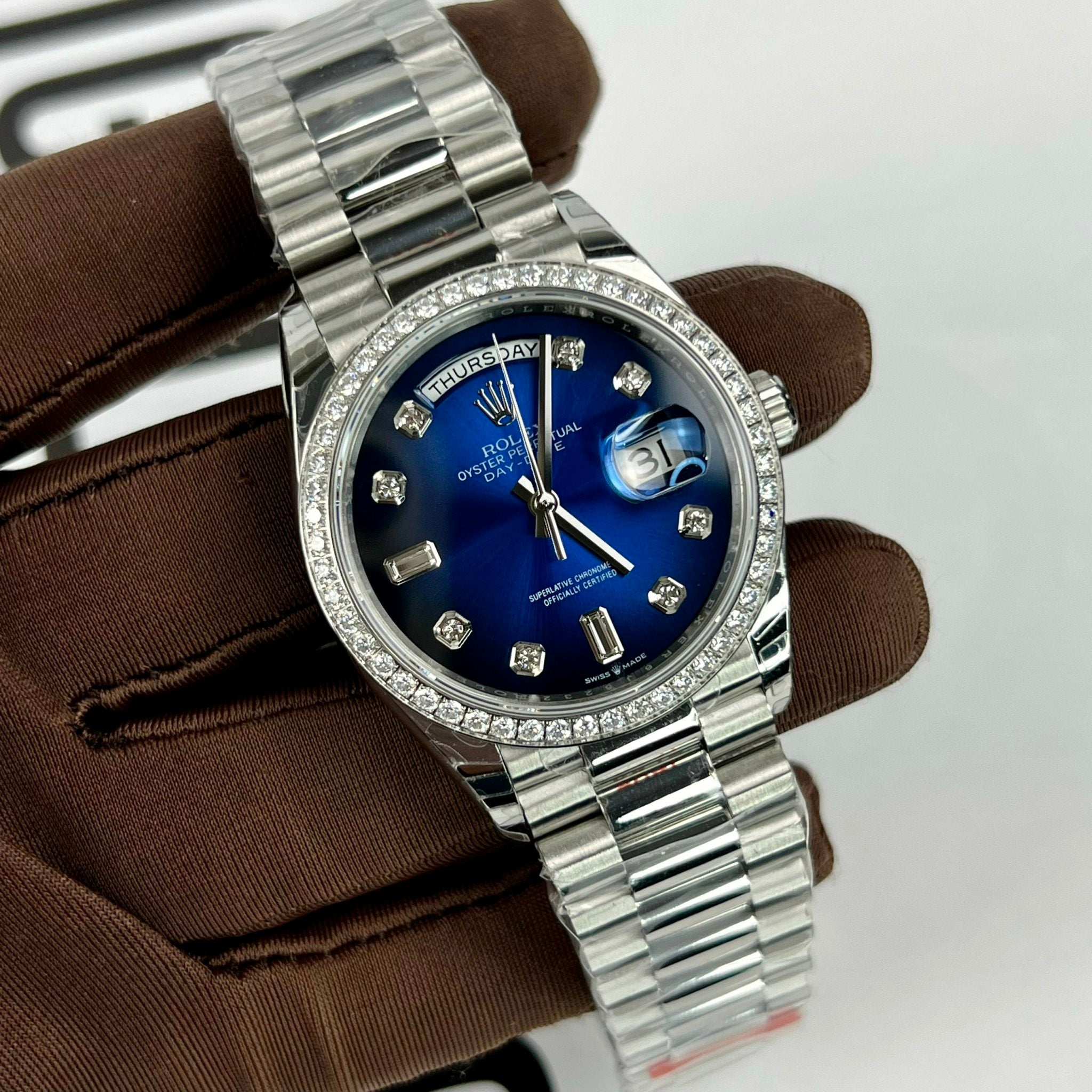 Rolex Day Date M128349RBR-0016 Stone Bezel 1:1 Best Edition EW Factory Blue Dial 36mm