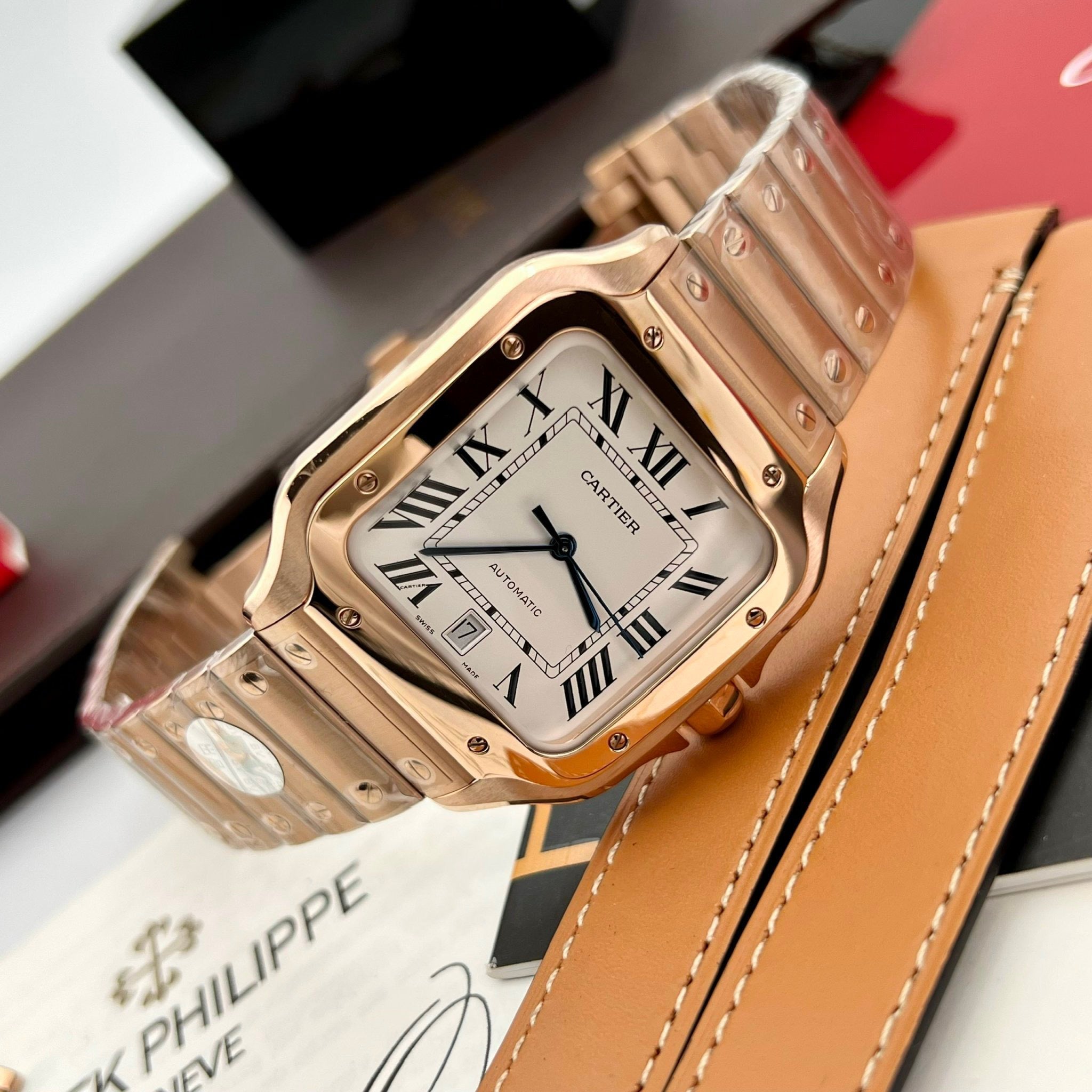 Cartier De Santos Stainless Steel Case BV Factory 1:1 Best Edition White Dial Rose gold newest version